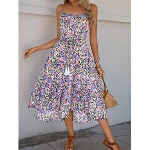 Perfee Decor Button Printed Sleeveless Tiered Midi Dress
